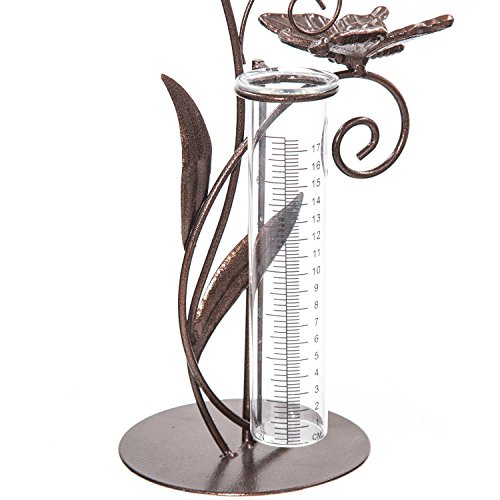 CEDAR HOME Rain Gauge Outdoor Garden Wireless Glass Brass Metal Tabletop Cute Professional Raingauge for Lawn Yard Patio Decor 8oz. by, 10.5" W x 6" D x 16" H, Butterfly and Flower