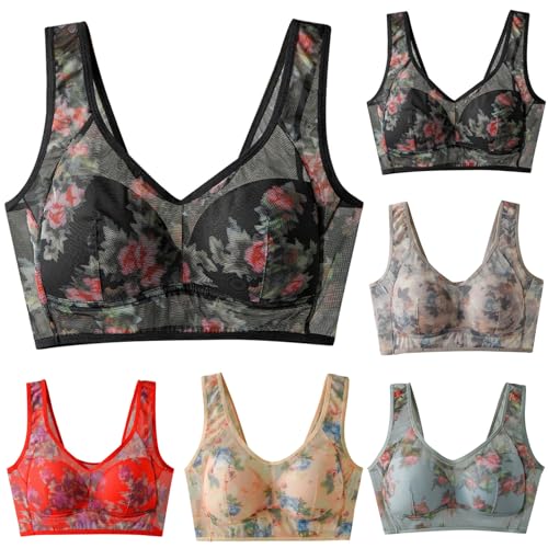 Women\'s Bras Underwear Comfort Seamless Bra Thin Underwired Printed Vest Style Bras for Everyday Floral Mesh Breathable ﻿ (US, Alpha, 5X-Large, Regular, Regular, Beige)