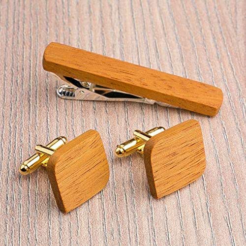 Rounded Square Wood Cufflinks and Tie Clip Set. Yellow Wood