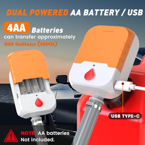Fuel Transfer Pump with Auto-Stop,3.8 GPM Flow, 51'' Heavy Duty PVC Hose, Battery or USB Powered Gas Can Pump with 4 Can Adapters, No Spill Sensor, Portable Fuel Pump for Oil, Diesel, Gasoline