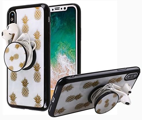 iPhone XCase, Marble Stone Texture Slim Hybrid Hard Back [POP UP KickStand] + Soft TPU Bumper Protective Durable Case iPhone X (Pineapple Kickstand)