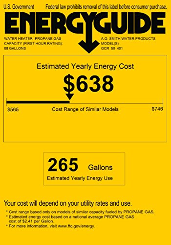 A.O. Smith GCR-50LP ProMax Plus High Efficiency Liquid Petroleum Gas Water Heater, 50 gal