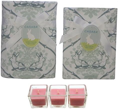 Casaba Two Hand Towels & Two Tip Towels ... PLUS Three Votives (Bundle: 7 Items) (White, Soft Blue)