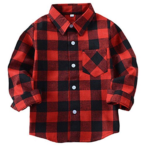 Benibos Boys Flannel Button Down Check Plaid Shirts (Red Black,3-4T )