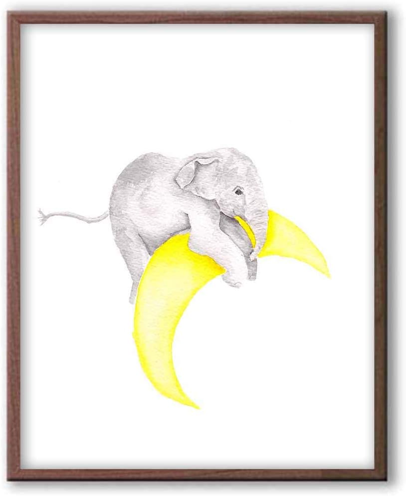 HRHRHREU Elephant and Moon Watercolor Nursery Art Print Animal Nursery Decor Baby Elephant Wall Art for Kids