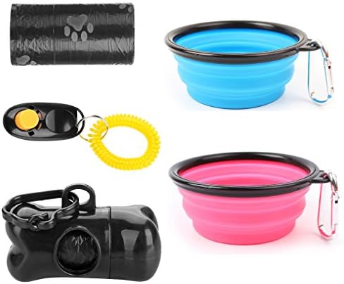 Set of 2 Portable Travel Dog Bowl, Aigou Lightweight Collapsible Pet Dog Cat Bowl Travel Bowl Water Feeder Bowl with Carabiner (2 Bowl+1 Training Clicker+ Rolls Waste Bags)