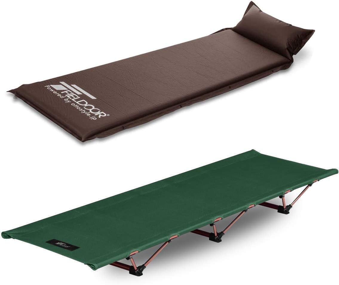 Amazon Fieldoor アルミコンパクトコット グリーン 枕つき車中泊マット 5cm厚 Sサイズ ブラウン 約190x60x5cm エアマット付き 収納バッグ付 耐荷重150kg キャンプベッド ベンチ 折りたたみ式 簡単 軽量 Fieldoor フィールドア スポーツ アウトドア
