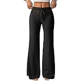 EVALESS Womens Wide Leg Pants Lace Elastic High Waisted Palazzo Pants Bell Bottoms Flowy Boho Holiday Trousers