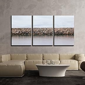 3 Piece Canvas Wall Art - Riverbank with Stone - Modern Home Art Stretched and Framed Ready to Hang - 16"x24"x3 Panels