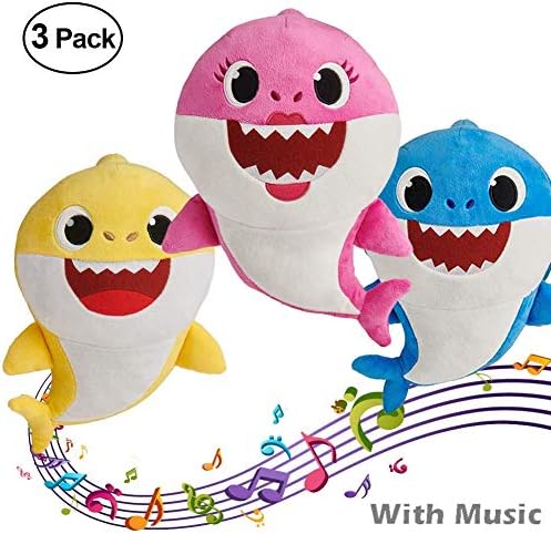 yuailiur 3 Pack Baby Shark Plush Daddy Shark Official Plush Mommy Shark Official Doll (yellow+red+blue with music)