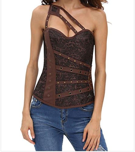 FQHOME Womens Brown Grommet Leather Trim Brocade Steampunk Corset Size XXL