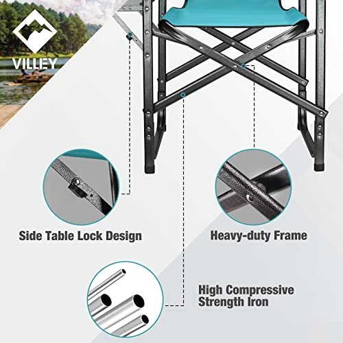 VILLEY Camping Chairs, Folding Directors Chair, Outdoor Foldable Chair with Side Table, 900D Fabric for Camp Tailgating Lawn Picnic Fishing Beach, Supports 350 LBS, Blue