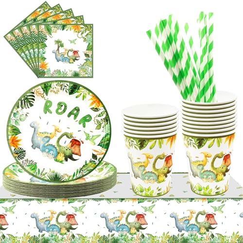 KASTWAVE 101 PCS Dinosaur Birthday Party Supplies for 20 Guests - Lunriwis Theme Party Decorations With Plates, Cups, and Napkins for Kids