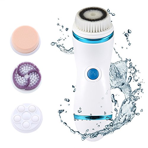 Pretty See Electric Facial Cleansing Brush Rechargeable Face Scrubber Exfoliator Cleanser with 4 Brush Heads, Blue