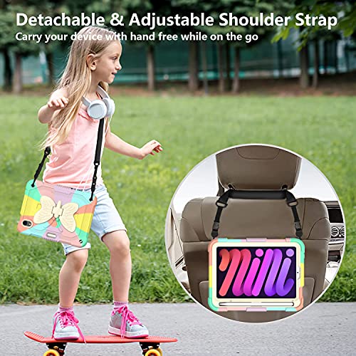 Silicon Case for iPad Mini 6 2021, iPad Mini 6th Generation Case for Kids, Cute Butterfly Wings Kickstand, with Shoulder Strap/ Pencil Holder Shockproof Cover for iPad Mini 6 8.3 inch (Colorful Pink)