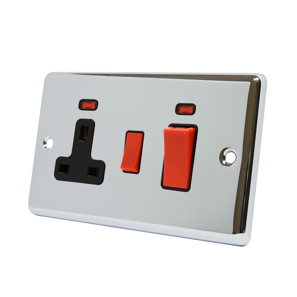AET CPCCC2NBL 2 Gang 45 A Classical Chrome Polished Black Insert Cooker Switch with 13 A Switched Plug Socket and Neon Indicators