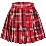 Women`s Cosplay Costumes high waisted Plaid Pleated Skirts (2XL,Red black white)