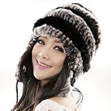 URSFUR Women's Rex Rabbit Fur Hats Winter Ear Cap Flexible Multicolor (Coffee & Black)