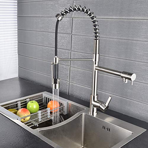 SHAMANDA Commercial Pre-Rinse Kitchen Faucet, High Arc Kitchen Sink Faucet with Pull Down Spring Spout and Pot Filler, Brushed Nickel, L40001-2