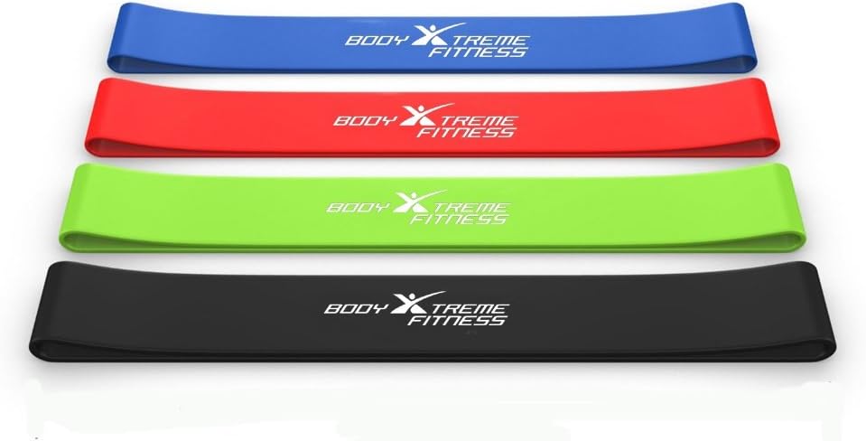 Body Xtreme Fitness Resistance Loop Exercise 4 Bands Free Carry Bag, Physical Therapy, Home Gym Work Outs, Yoga Fitness, Flexability,Training Body Legs Glutes Butt (4 Loop Set)