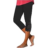 Cropped Leggings for Women Lace Trim 3/4 Length Capri Pants Elastic High Waisted Workout Gym Yoga Lounge Tights