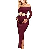 CYCLAMEN Off Shoulder Maternity Mesh Split Dress Ruched Fitted Pregnancy Dresses Baby Shower Photoshoot