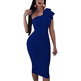 Mokoru Women's Sexy Ruffle One Shoulder Bodycon Elegant Cocktail Party Midi Dresses