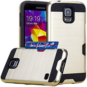 Galaxy S5 Case, Asstar [Stand Feature] Card Slot Case [Anti Scratch] Dual Layer Shockproof [Soft Rubber Bumper] Hybrid Protective Card Case for Samsung Galaxy S5 (Gold)