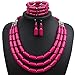 Lanue Thkmeet Fashion Handmade Bead Multilayer Statement Necklace Bracelet Earrings Jewelry Set (Rose red)