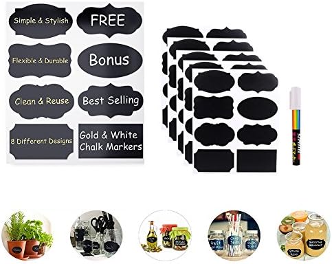 Reusable Blackboard Labels with Erasable White Chalk Marker, 40pcs Preminum Chalkboard Stickers, Message Label Sticker Set for Jars, Pantry, Tins, Boxes, Wine Glasses