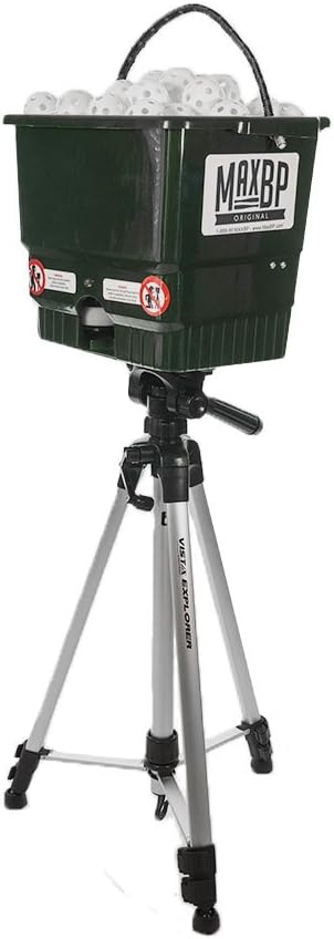 MaxBP Original Baseball and Softball Pitching Machine with 48 Wiffle Balls, Fastballs & Curveballs, Plug-in only, No Internal Battery
