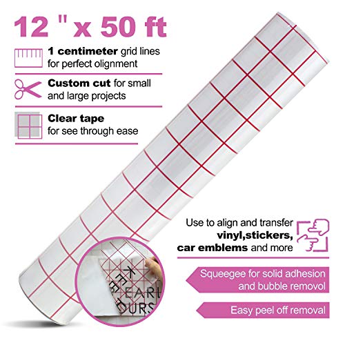 Airbin Vinyl Transfer Paper Tape Roll, Medium Tack 12 Inch x 50 Feet/Clear with 1" Square Red Alignment Grid and Free Gift-Squeegee/Perfect for Silhouette Cameo, Cricut Adhesive Vinyl for Decals