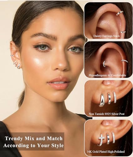 DORANA Jewelry for Her Gift 3 Pairs 925 Sterling Silver Earrings for Women Non Tarnish 14K Gold Plated Small Hypoallergenic Huggie Hoops Cartilage Stack Earring Sets for Multiple Piercing