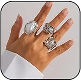PZKQSAC 3 PCS Chunky Pearl Rings Set for Women Gold Baroque Pearl Flower Open Ring Adjustable Large Rings Set Statement Knuckle Ring Summer Beach Jewelry Accessories