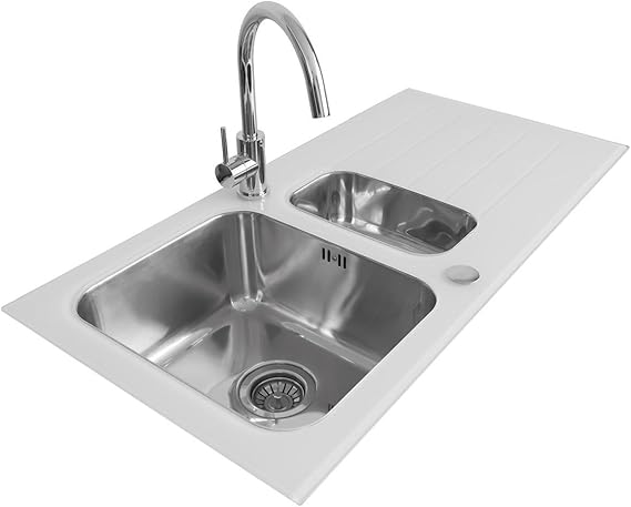 Valle Elsa Designer White Glass Stainless Steel Kitchen Sink 1000 X 500mm Reversible 1 5 Bowl With Drainer Waste Amazon Co Uk Diy Tools