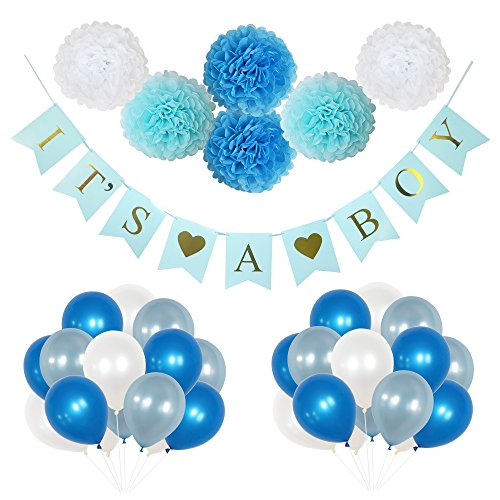 Lily & Peony 45 Pieces  It s a Boy  Party Decoration Set- Includes  It s a Boy  Banner, 6 Paper Pom Poms and 30 Party Balloons. Perfect for a Baby Shower or Gender Reveal Party!