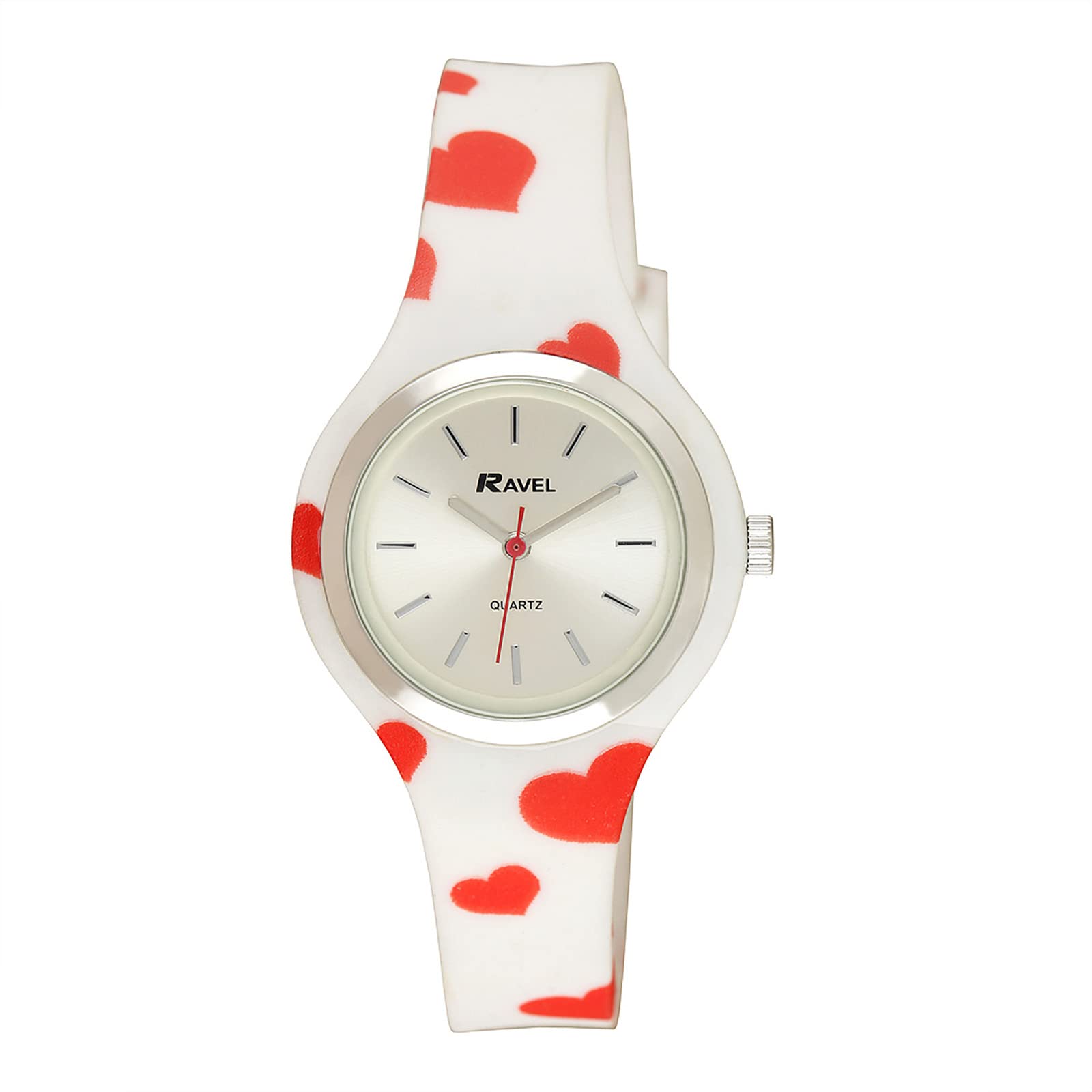 Ravel Women's Heart Quartz Watch with Patterned Silicone Strap - White/Red Hearts