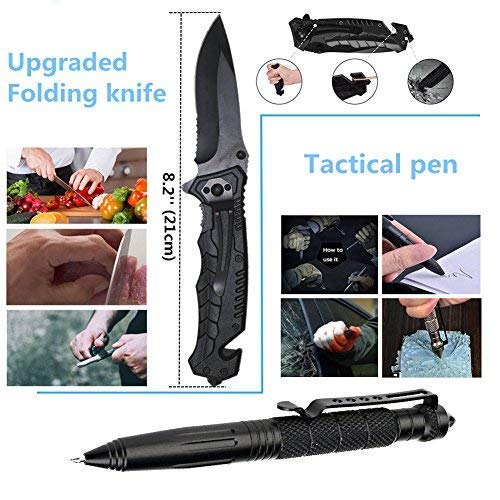 XUANLAN Emergency Survival Kit 15 in 1, Outdoor Survival Gear Tool with Survival Bracelet, Fire Starter, Whistle, Wood Cutter, Water Bottle Clip, Tactical Pen (Black)