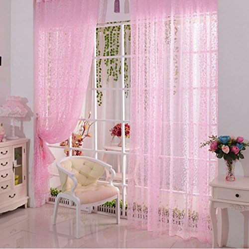 Miaoben New Door Window Decor Curtain Drape Panel Leaves Voile Sheer Scarf Valance (Pink)
