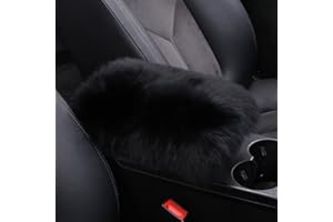 LLB Auto Center Console Cover Pad Universal Fit for SUV/Truck/Car, Genuine Sheepskin Wool Fur Car Armrest Seat Box Cover, Furry Fluffy Auto Armrest Cover Protector (Black)