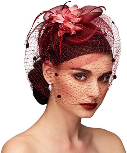 TSFascinators Hat Tea Party Hat Mesh Floral Feather Hair Clip Women Fascinator Headband with Veil for Wedding Cocktail