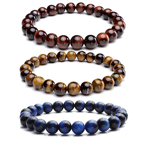 JOVIVI Set of 3 8MM Natural Semi Precious Gemstone Healing Power Round Bead Elastic Stretch Bracelet Variation Colors and Material