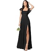 Hübsche hochzeit A-line Ruffles Chiffon Bridesmaid Dress for Women, Square Neck Prom Dresses Short Sleeves Formal Dress