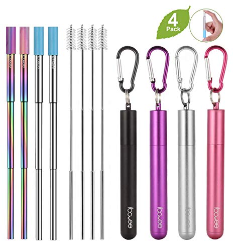 4 Pack Metal Reusable Drinking Straws with Travel Case&Silicone tips removable,Portable Stainless Steel Telescopic Straw for travel,Collapsible straws with Cleaning Brush&Carabiner