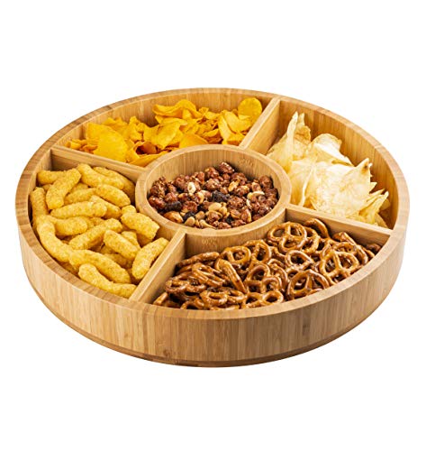 Strova 15 Inch Wood Bamboo Chip and Dip Serving Platter Set w/Ceramic Dip Bowl | Round & Large Appetizer Server for Event Use | Salsa, Taco Chip, Guacamole, Vegetable, Snacks, and Cheese Serving Tray - Thumbnail 2