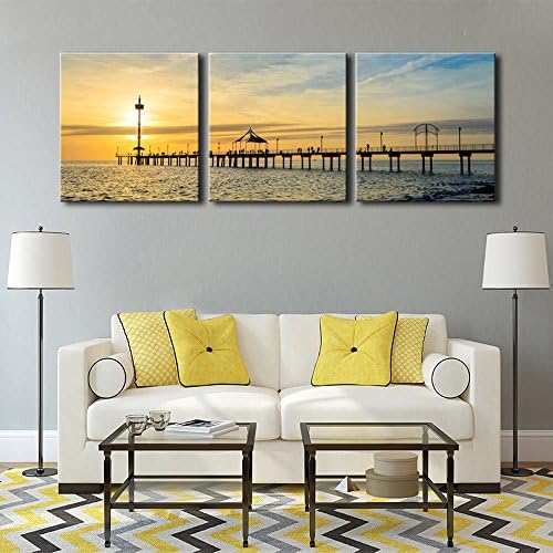 Noah Art-Modern Ocean Art Canvas Prints, Sunset over A Bridge Contemporary Seascape Artwork Ocean Pictures to Printing Paintings 3 Panel Wooden Framed Wall Art for Bedroom, 20x20inchx3pcs