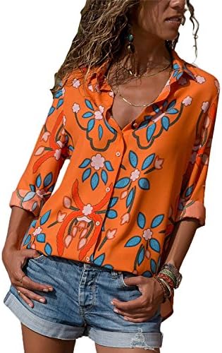 Womens V Neck Floral Print Button Down T Shirts Casual Blouses Tops
