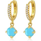 Cute Round Turquoise Huggie Small Hoop Earrings Dangle Drop for Women Sterling Silver Post 14K Gold Filled Simple Beaded Charm Hoops Hypoallergenic Fashion Jewelry Gift