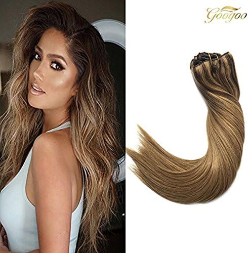 Googoo Ombre Clip in Hair Extensions Chocolate Brown to Ash Brown with Caramel Blonde Clip in Remy Hair Extensions 16 inch 120g Weight