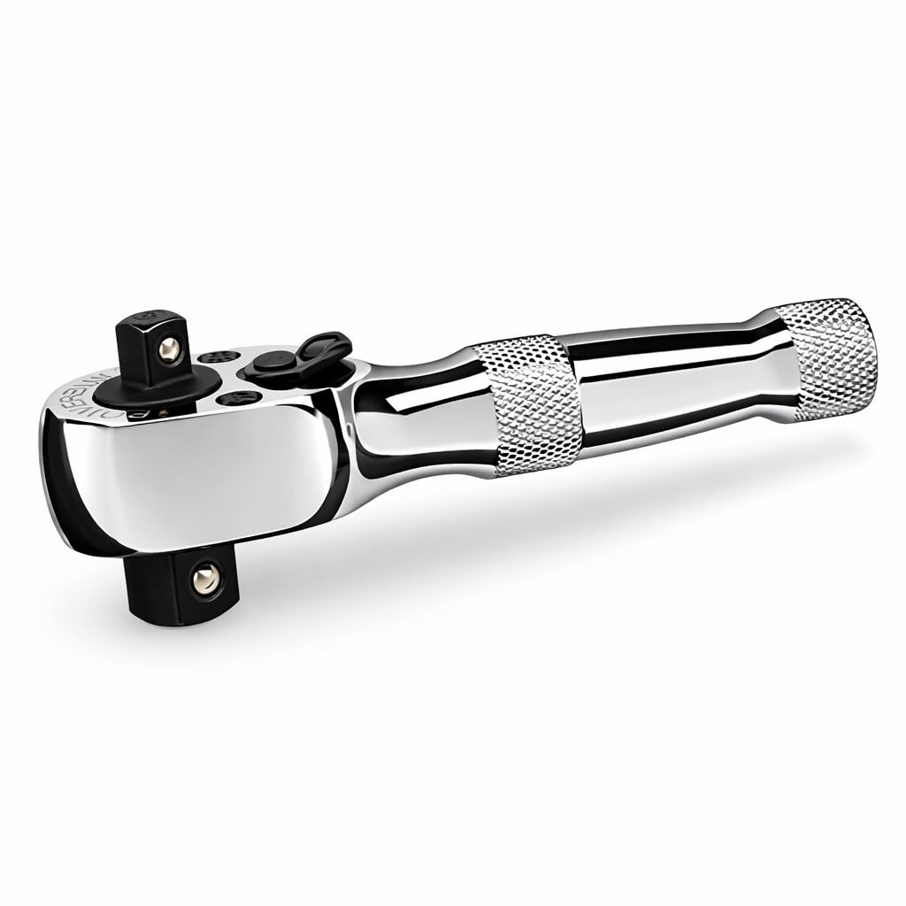 Powerbuilt Stubby Ratchet, Dual Head Ratchet, 1/4 Inch and 3/8 Inch Drive, Reversible Switch, 72 Tooth, Small Tight Space - 640931, Silver